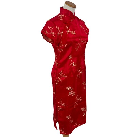 Vintage Y2K 90s DiYuange Red Satin Gold Floral Embroidered Cheongsam Qipao Dress - Picture 13 of 16